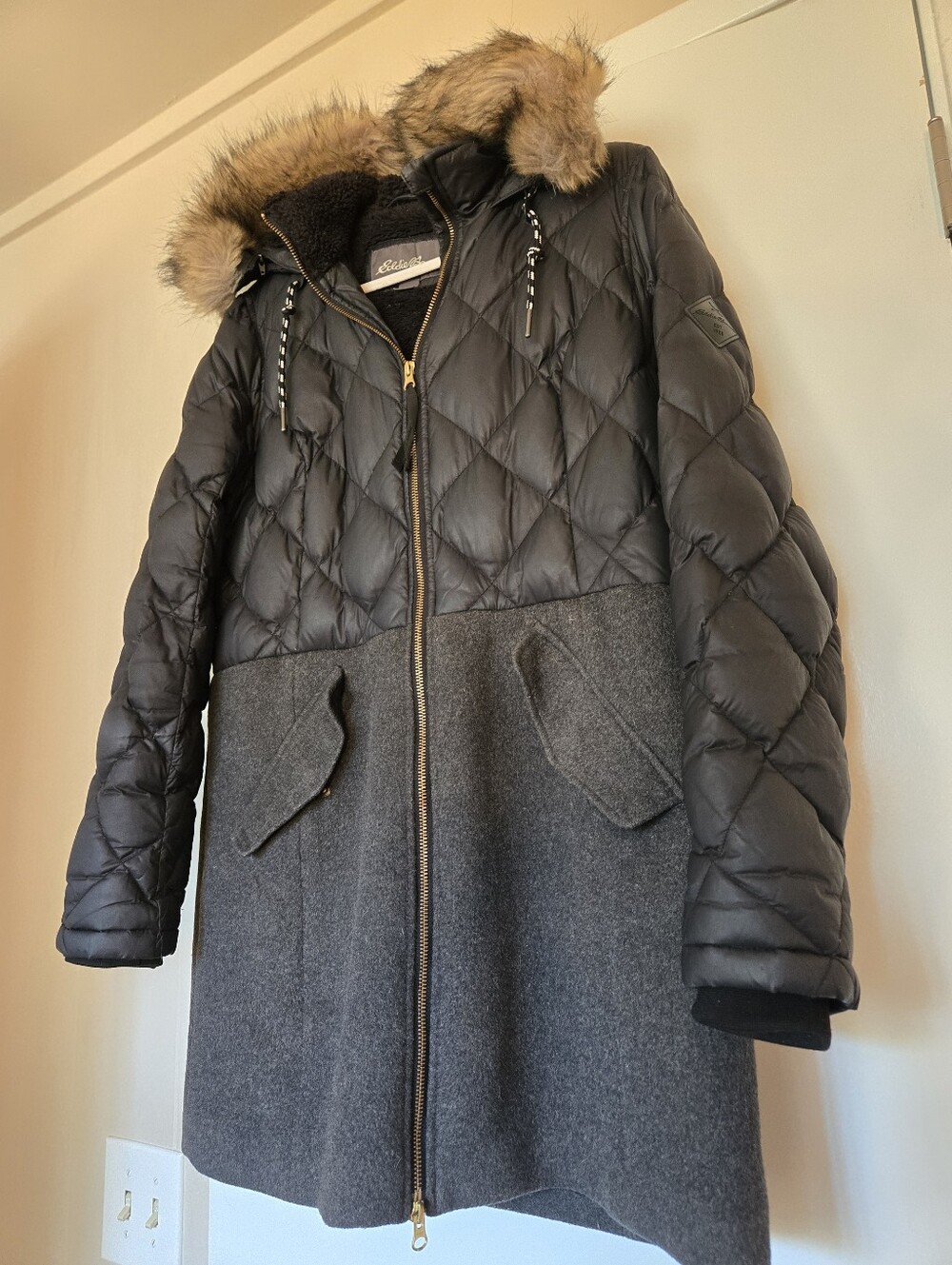 Eddie Bauer • Lanely | Black, Gray Wool-Blend Hooded Coat with Faux Fur Trim